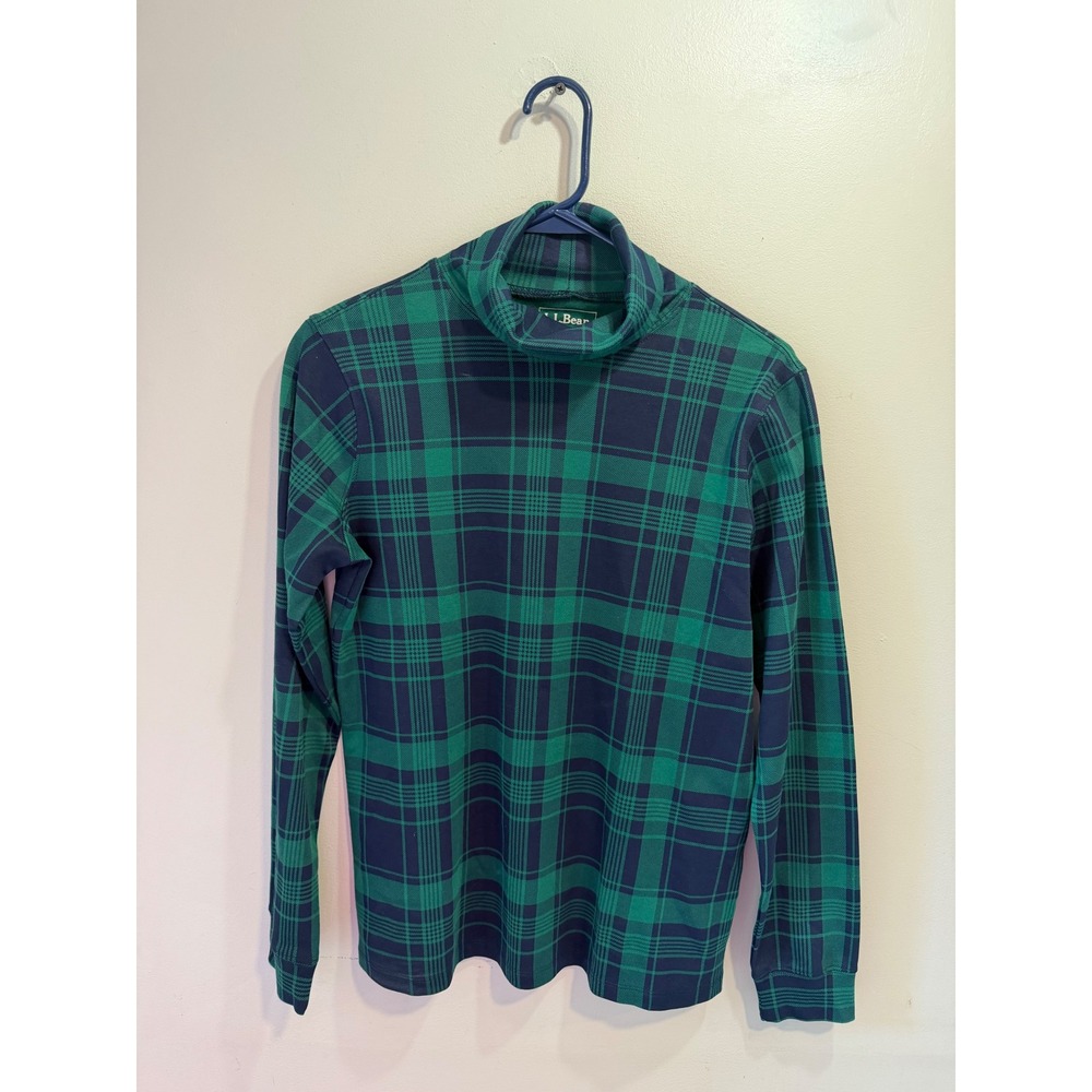 LL Bean Womens Green Navy Plaid Turtleneck Long Sleeve Cotton Top 523747 S REG